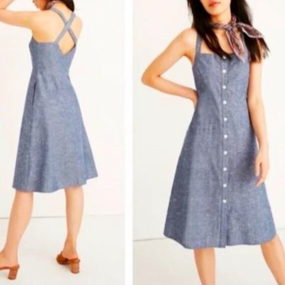 Madewell Dresses & Skirts - Madewell Chambray Tank Apron Dress Button Front Midi Wrap Back Cross Straps 14